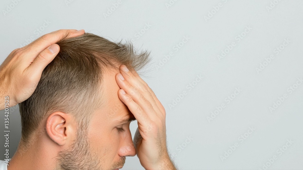 Fototapeta premium A man expresses stress and frustration with his hands on his head, embodying a moment of anxiety and contemplation.