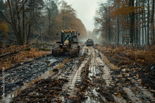 High Resolution Image of Logging Industry in Autumnal Forest with Heavy Machinery and Tractors