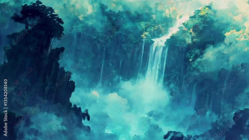 custom made wallpaper toronto digitalMystical waterfall cascading, jungle, clouds, fantasy, artwork, background, design
