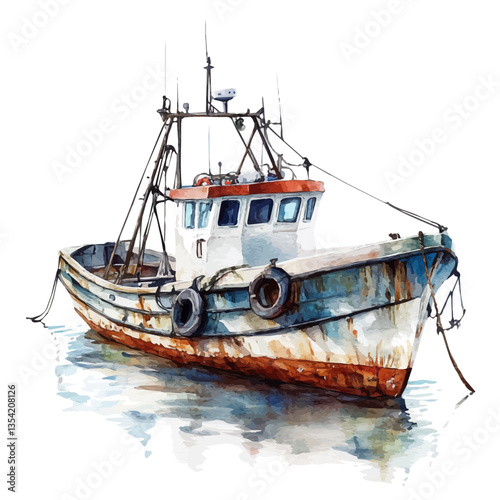 A Fishing Boat, watercolor illustration vector, high quality, isolated on a white background.
