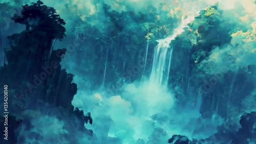 Wallpaper Mural Mystical waterfall cascading, jungle, clouds, fantasy, artwork, background, design Torontodigital.ca