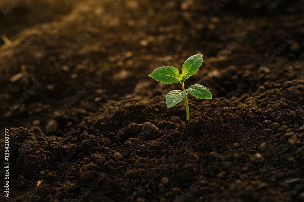Fototapeta premium young green seedling emerging from dark soil with warm sunlight. symbolizes growth and new beginnings. nature and agriculture concept. eco-friendly design, ecology, environmental campaign