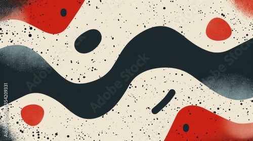 Abstract wavy shapes, red and black, on cream background, with splatter effect