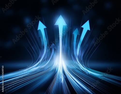 up blue light arrows and speed lines on black background copy space composition growth competition technology concept