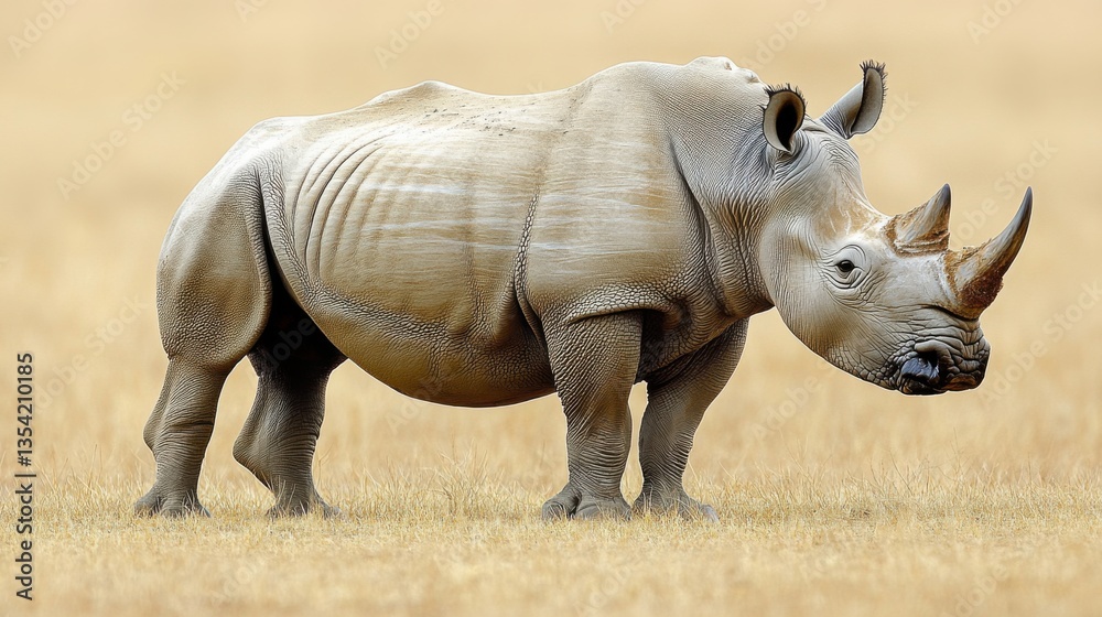Obraz premium A rare white rhino grazing peacefully on the African plains, its thick skin and large horn visible in sharp, lifelike detail.