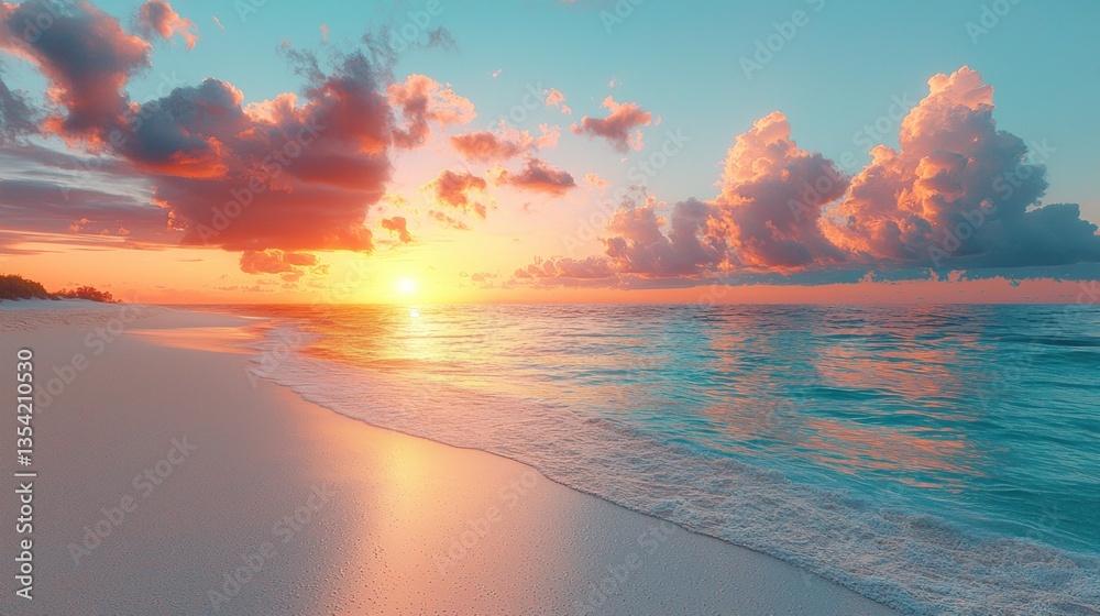 Tropical beach sunset, ocean waves, vibrant sky Tropical beach sunset, ocean waves, vibrant sky