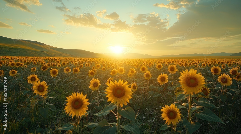 Fototapeta premium Sunsets over a vast sunflower field in rolling hills