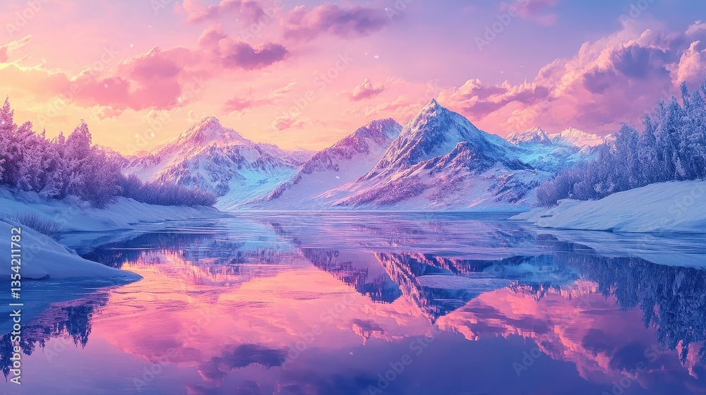 Obraz premium winter wonderland pink sunset reflection on frozen lake
