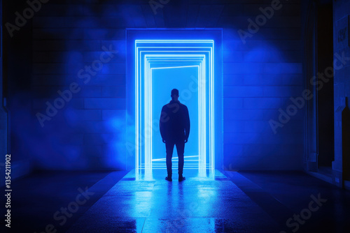 An image of a man standing in front of an open door or portal with high tech colors of blue and white