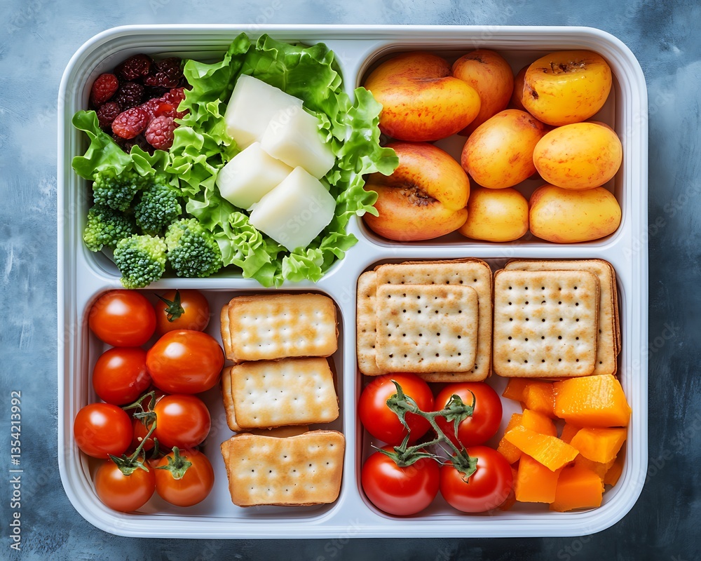 A rectangular food container packed with fresh and colorful foods A rectangular food container packed with fresh and colorful foods