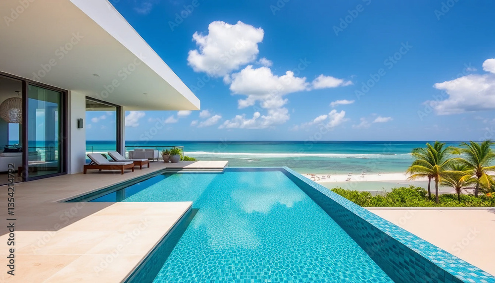 Fototapeta premium Luxury tropical resort swimming pool offers relaxation under a sunny sky