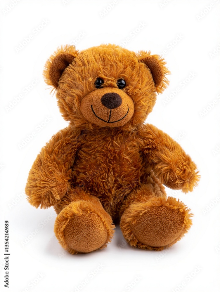 Obraz premium light brown plush teddy bear with ultra-soft mohair fur, sitting upright against a pure white background, featuring round black glass eyes and a small stitched nose, ideal for children’s product photo
