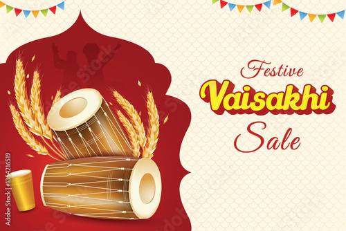 Vaisakhi Festival Celebration With Drums, Wheat Grain and Silhouette Of Punjabi People Dancing On Red Color Background. Indian Ethnic Festive Sale Celebration Theme Concept Vector Illustration.