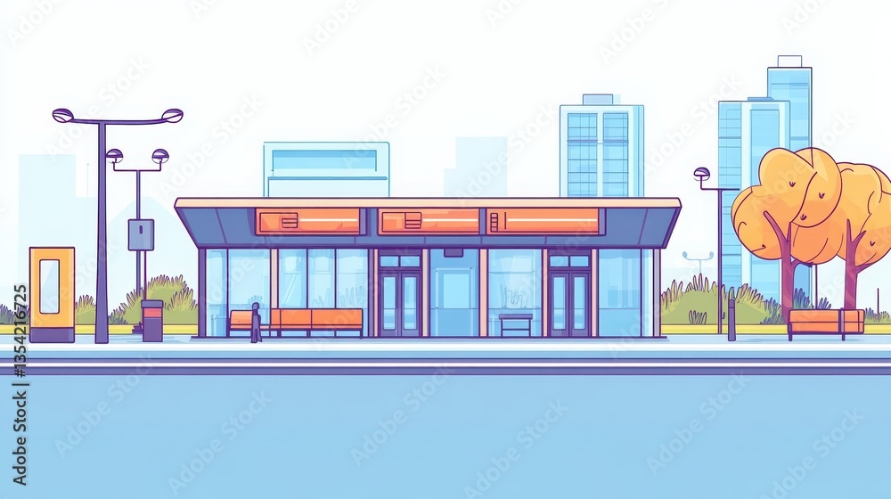Fototapeta premium An illustrated urban bus stop in a minimalist style