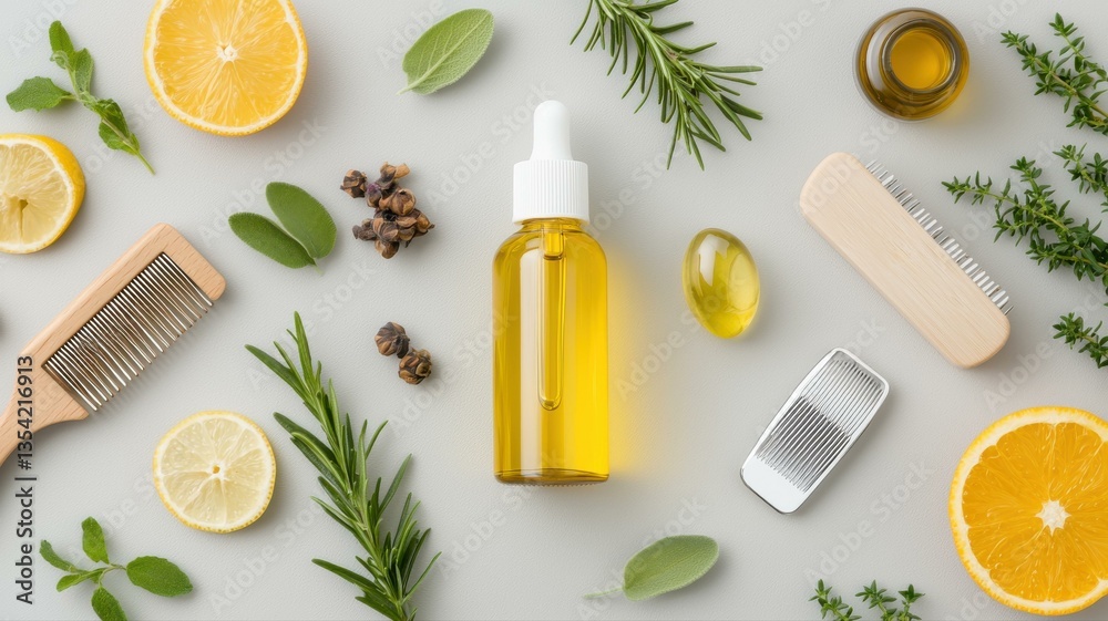 Overhead view of natural ingredients with essential oil, orange slices, herbs, and a comb on a light background. Overhead view of natural ingredients with essential oil, orange slices, herbs, and a comb on a light background.