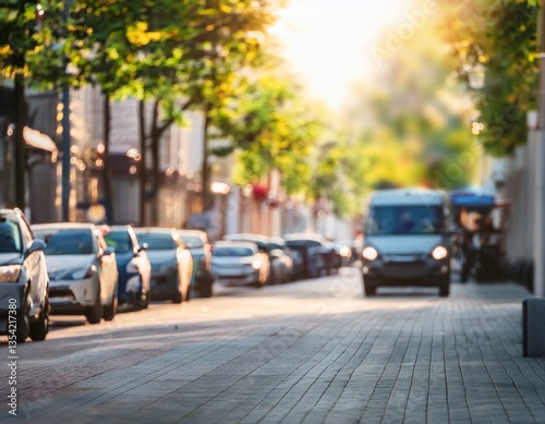 blurry street scene with defocused cars and shops in the background during daytime on a sunny outdoor urban sidewalk