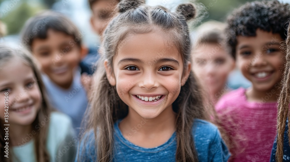 Fototapeta premium smiling happy kids outdoors at school playground having fun together showcasing childhood joy multiethnic friendship unity diversity and positive energy during school activities