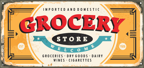 Vintage sign design for grocery store. Shop sign template on retro metal background. Business vector illustration.