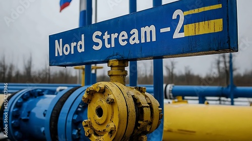 A sign reading Nord Stream two stands over pipeline infrastructure