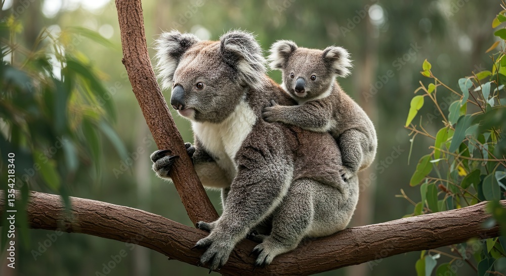 Fototapeta premium Mother Koala with Baby on Back in Natural Forest Habitat – Adorable Wildlife Moment