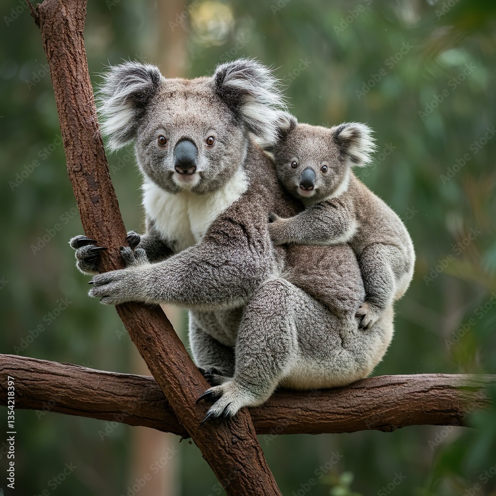 Naklejka premium Mother Koala with Baby on Back in Natural Forest Habitat – Adorable Wildlife Moment