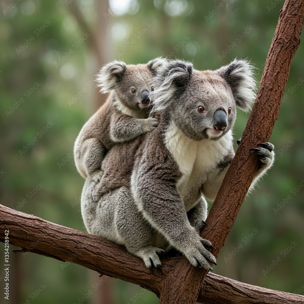 Obraz premium Mother Koala with Baby on Back in Natural Forest Habitat – Adorable Wildlife Moment