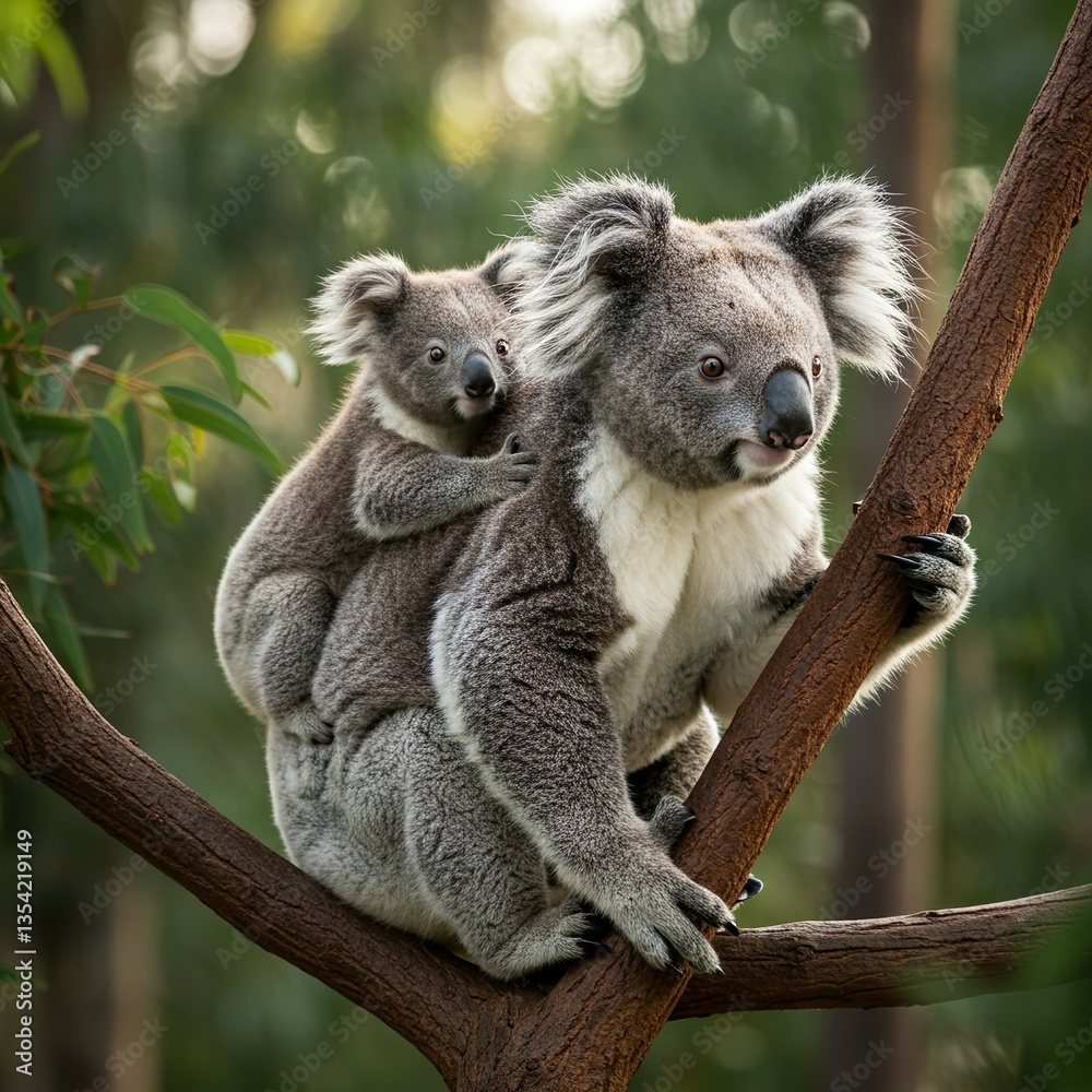 Obraz premium Mother Koala with Baby on Back in Natural Forest Habitat – Adorable Wildlife Moment
