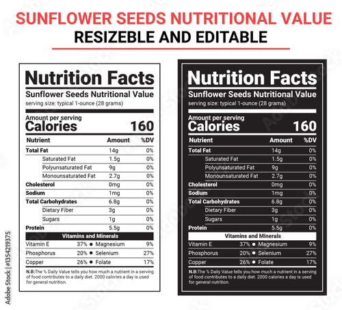 Sunflower seeds nutrition facts, Editable nutrition label, Seeds nutritional value, Resizable nutrition label, Black and white nutrition label, Customizable nutrition template