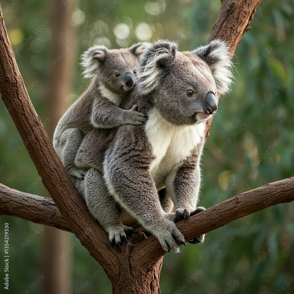 Naklejka premium Mother Koala with Baby on Back in Natural Forest Habitat – Adorable Wildlife Moment