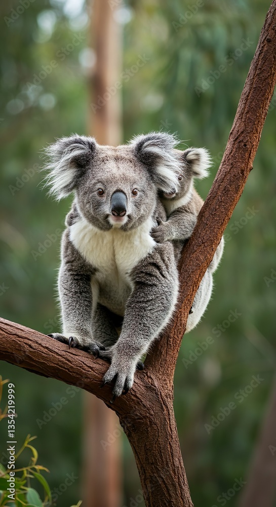 Fototapeta premium Mother Koala with Baby on Back in Natural Forest Habitat – Adorable Wildlife Moment