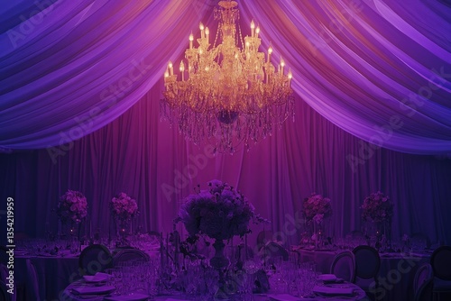 Elegant wedding reception venue with dramatic lighting and decor photo