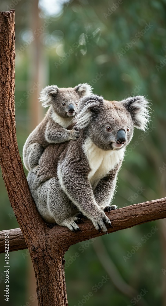 Naklejka premium Mother Koala with Baby on Back in Natural Forest Habitat – Adorable Wildlife Moment