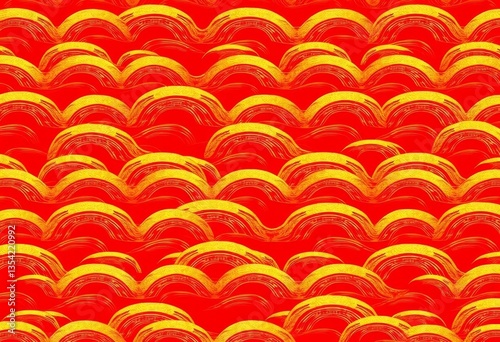 Golden Asian wave pattern; red & gold abstract seamless texture, vector illustration, vector, repeat