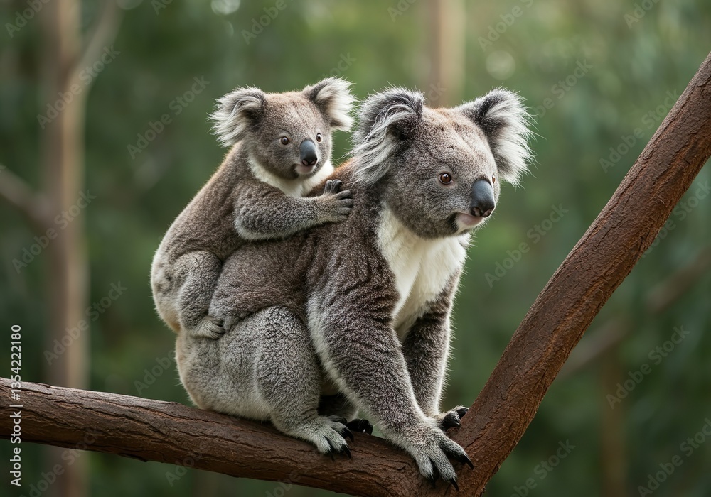 Naklejka premium Mother Koala with Baby on Back in Natural Forest Habitat – Adorable Wildlife Moment