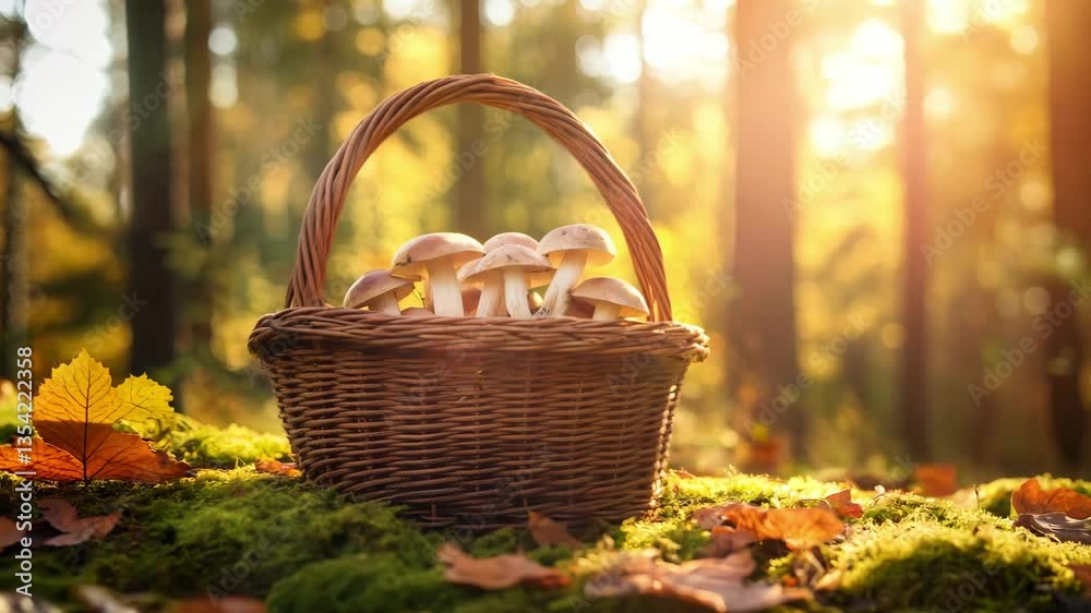 A basket overflows with fresh wild mushrooms gathered during a peaceful foraging adventure in a sunlit forest surrounded by autumn leaves A basket overflows with fresh wild mushrooms gathered during a peaceful foraging adventure in a sunlit forest surrounded by autumn leaves