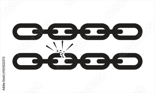 Broken chain link vector icon. Wreck chain link icon. Breakdown chain black icon in white background. Solid broken chain icon. Break chain.