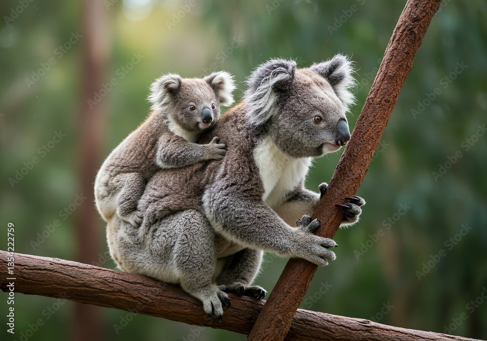 Fototapeta premium Mother Koala with Baby on Back in Natural Forest Habitat – Adorable Wildlife Moment