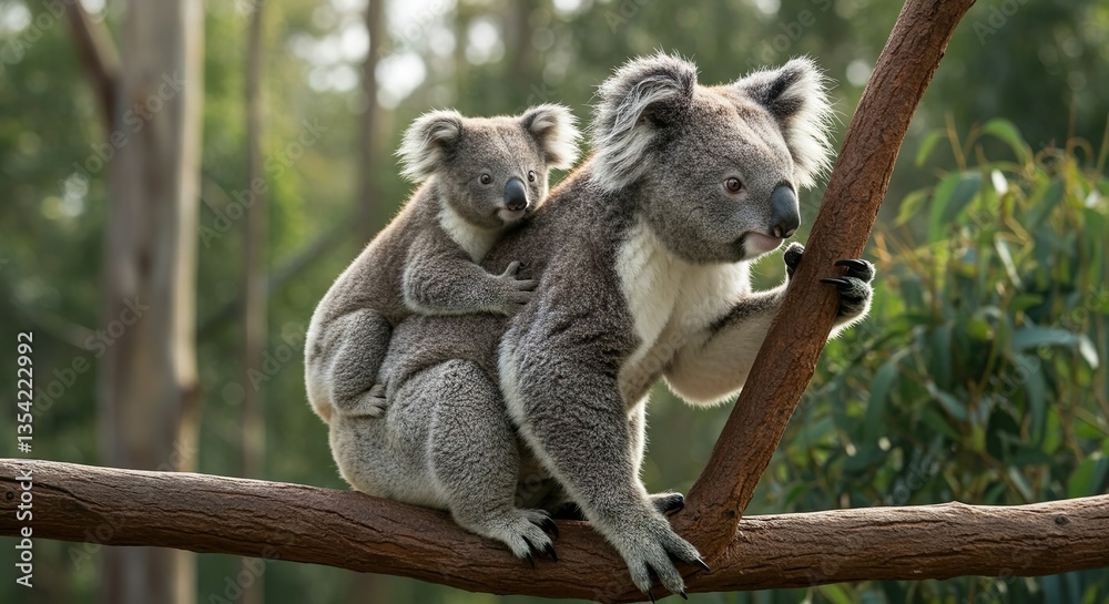Fototapeta premium Mother Koala with Baby on Back in Natural Forest Habitat – Adorable Wildlife Moment