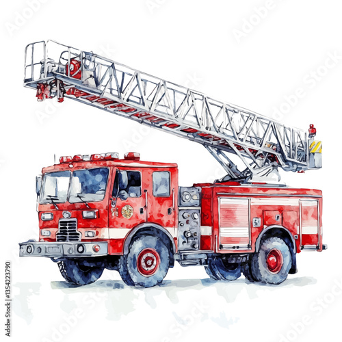 A Ladder Fire Truck, watercolor vector, high quality, isolated on a white background.