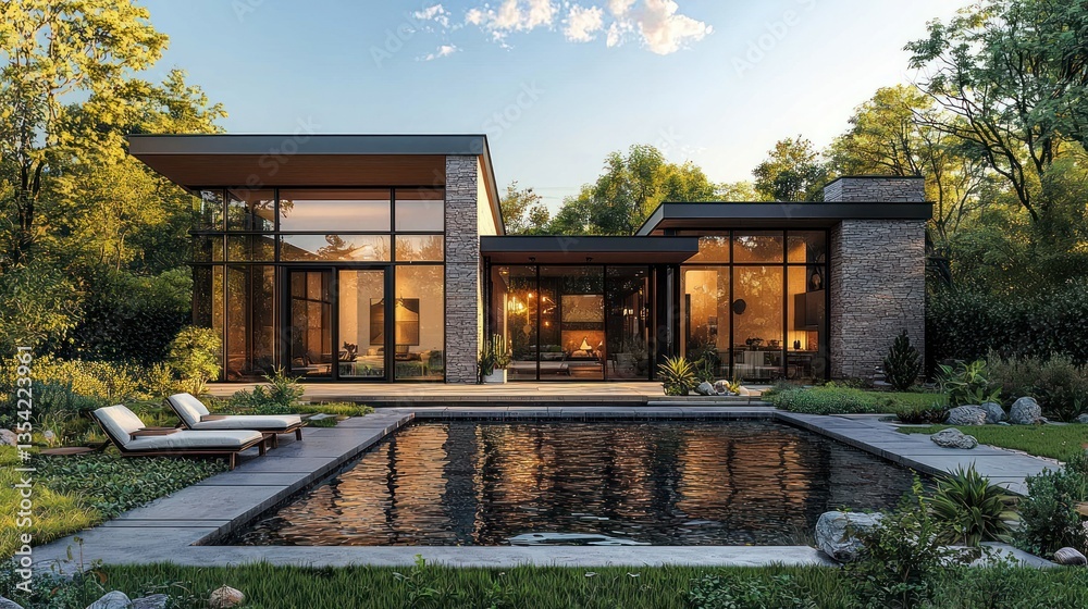 Fototapeta premium Modern house with pool, sunset view, lush garden