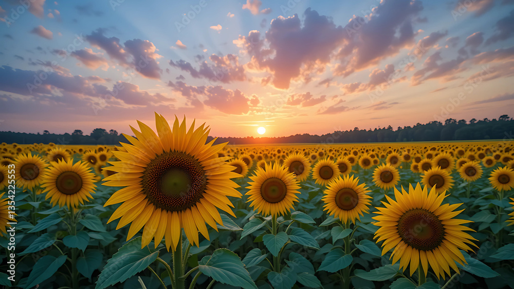 Fototapeta premium Vibrant sunflower fields with pastel skies at golden hour.