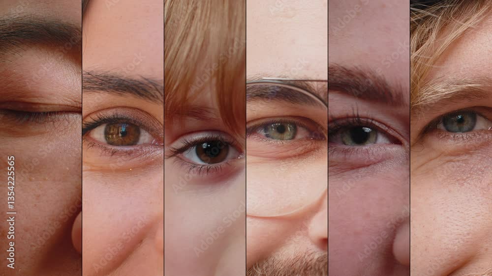Diverse collage of happy joyful authentic men, women, children eyes close-up smiling face, looking at camera. Group of people grinning with gaze. Racial equality. Different nationalities, ages, gender