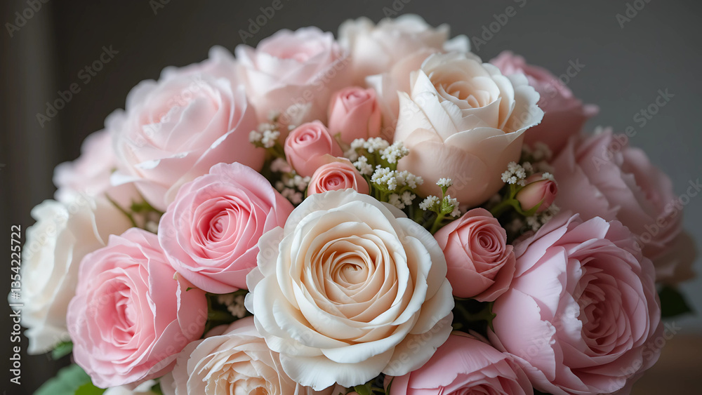 Obraz premium Romantic pastel roses and peonies arranged in a soft.