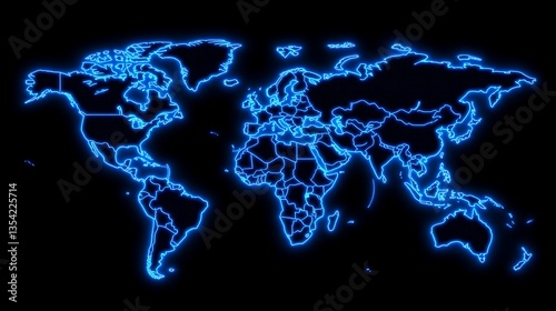 Fototapeta Naklejka Na Ścianę i Meble -  Glowing blue neon world map.