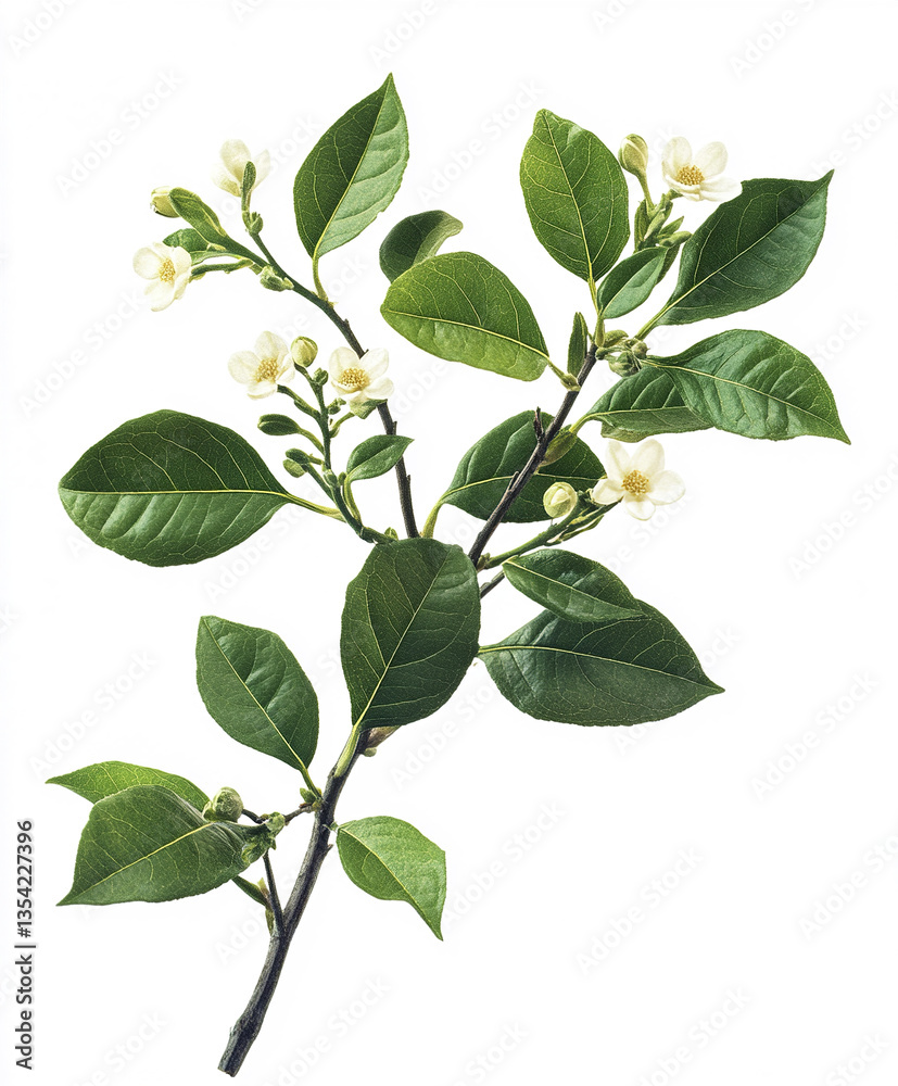 Naklejka premium Branch with green leaves and white flowers on white background