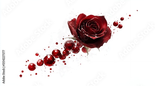 Watercolor style drawing of a red rose with red droplets on a white background artistic design