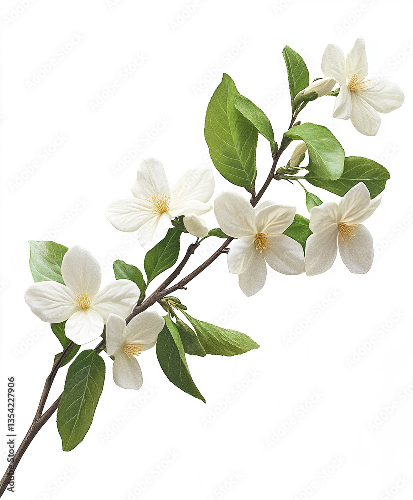 Fototapeta premium White Wrightia flowers with green leaves on white background