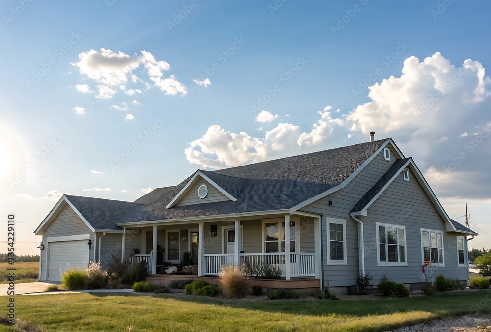 A gray ranch style model Hedges around modern house A gray ranch style model Hedges around modern house