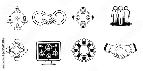 A modern and minimalistic community icon set with an editable stroke which include essential symbols such as people, handshake, team collaboration, partnership, support groups, networking, and unity. 