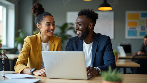 Diverse Workplace Collaboration: Happy African Male Employee Engages with Latin Colleague in Friendly Conversation, Sharing Ideas and Smiles in a Modern Office Setting - Vector Illustration